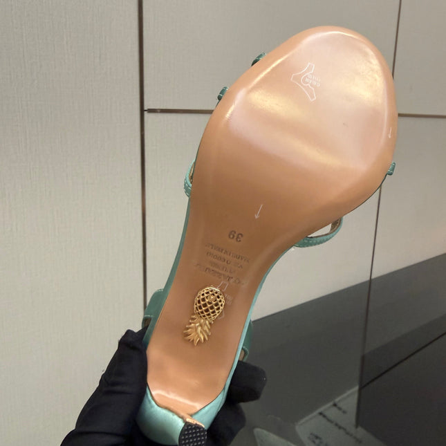 AQUAZZURA 26S STRAPPY HEELS 105 MM IN MINT GREEN SATIN