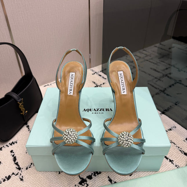 AQUAZZURA 26S STRAPPY HEELS 105 MM IN MINT GREEN SATIN