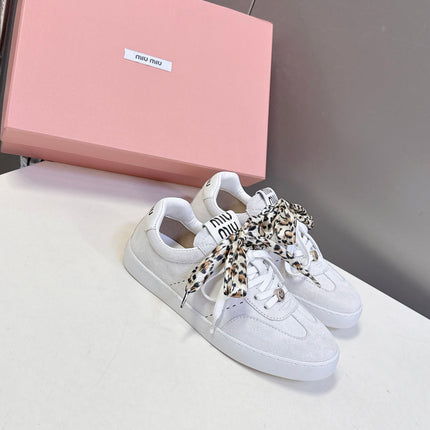 MIUMIU 25S SNEAKERS IN WHITE SUEDE WITH LEOPARD-PRINT LACES