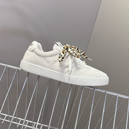 MIUMIU 25S SNEAKERS IN WHITE SUEDE WITH LEOPARD-PRINT LACES