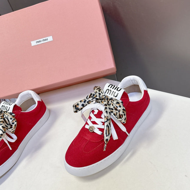 MIUMIU 25S SNEAKERS IN DARK RED SUEDE WITH LEOPARD-PRINT LACES