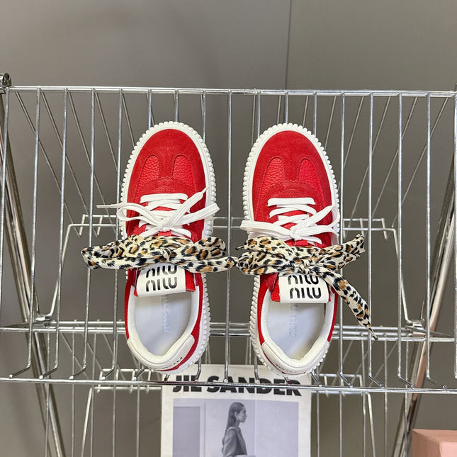 MIUMIU 25S SNEAKERS 45MM IN DARK RED SUEDE WITH LEOPARD-PRINT LACES