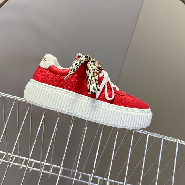 MIUMIU 25S SNEAKERS 45MM IN DARK RED SUEDE WITH LEOPARD-PRINT LACES