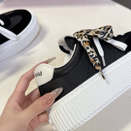 MIUMIU 25S SNEAKERS 45MM IN BLACK SUEDE WITH LEOPARD-PRINT LACES
