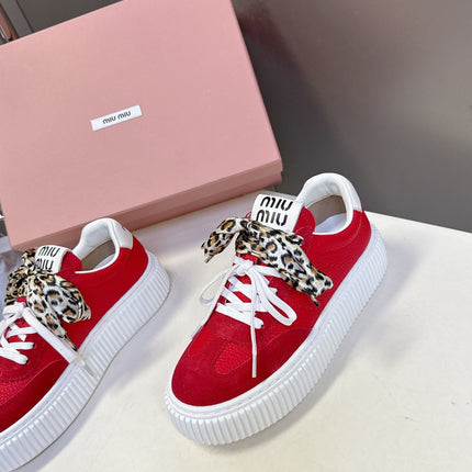 MIUMIU 25S SNEAKERS 45MM IN DARK RED SUEDE WITH LEOPARD-PRINT LACES