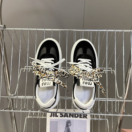 MIUMIU 25S SNEAKERS 45MM IN BLACK SUEDE WITH LEOPARD-PRINT LACES
