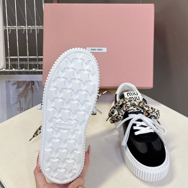 MIUMIU 25S SNEAKERS 45MM IN BLACK SUEDE WITH LEOPARD-PRINT LACES