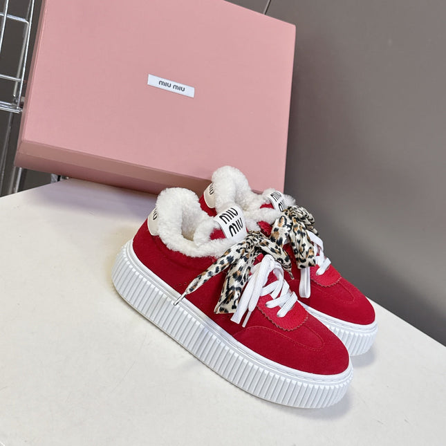 MIUMIU 25S SNEAKERS 45MM IN DARK RED SUEDE WITH LEOPARD-PRINT LACES SHEARLING