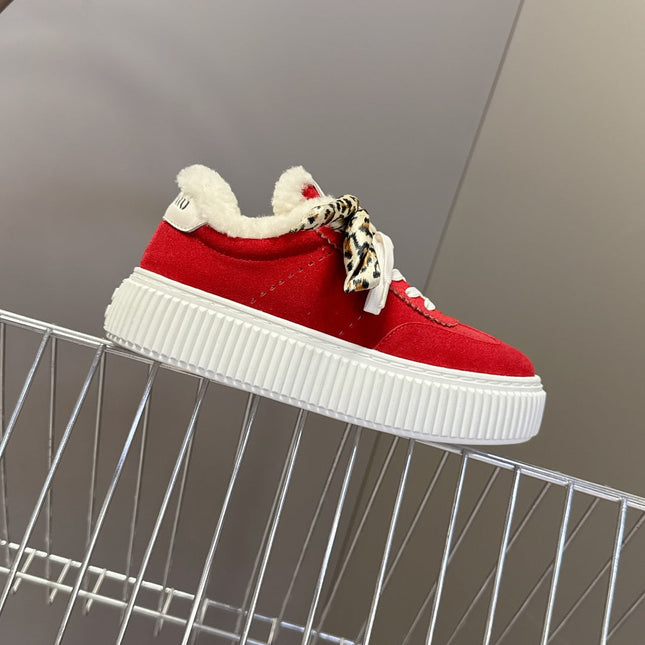 MIUMIU 25S SNEAKERS 45MM IN DARK RED SUEDE WITH LEOPARD-PRINT LACES SHEARLING