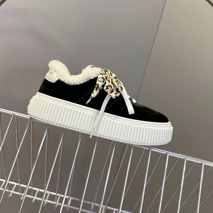 MIUMIU 25S SNEAKERS 45MM IN BLACK SUEDE WITH LEOPARD-PRINT LACES SHEARLING