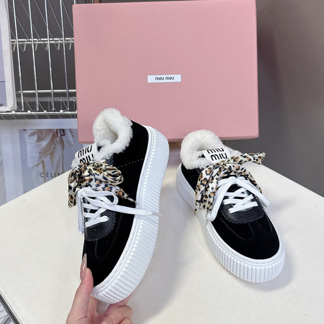 MIUMIU 25S SNEAKERS 45MM IN BLACK SUEDE WITH LEOPARD-PRINT LACES SHEARLING