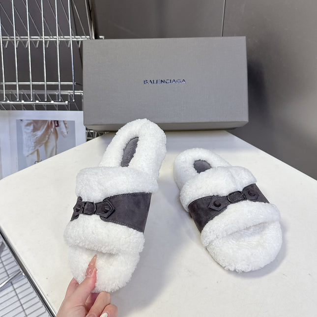 BALENCIAGA 25S SLIPPERS IN MUTED PURPLE GRAY SUEDE AND WHITE WOOL