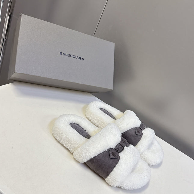 BALENCIAGA 25S SLIPPERS IN MUTED PURPLE GRAY SUEDE AND WHITE WOOL