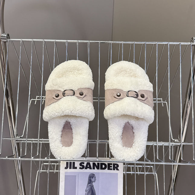 BALENCIAGA 25S SLIPPERS IN DUSTY PINK GRAY SUEDE AND WHITE WOOL