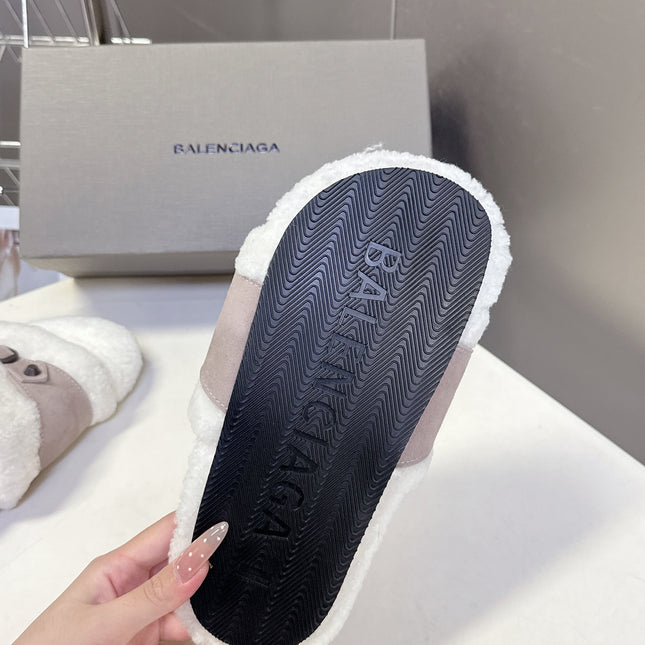 BALENCIAGA 25S SLIPPERS IN DUSTY PINK GRAY SUEDE AND WHITE WOOL