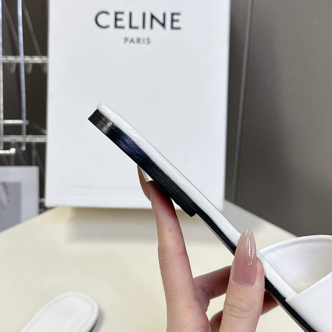 CELINE 26S FLAT SLIDES IN WHITE PATENT LAMBSKIN