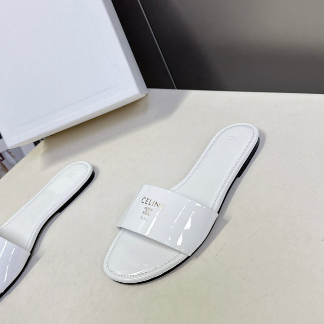 CELINE 26S FLAT SLIDES IN WHITE PATENT LAMBSKIN