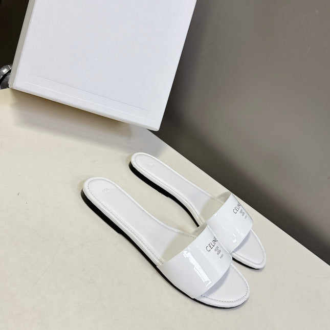 CELINE 26S FLAT SLIDES IN WHITE PATENT LAMBSKIN