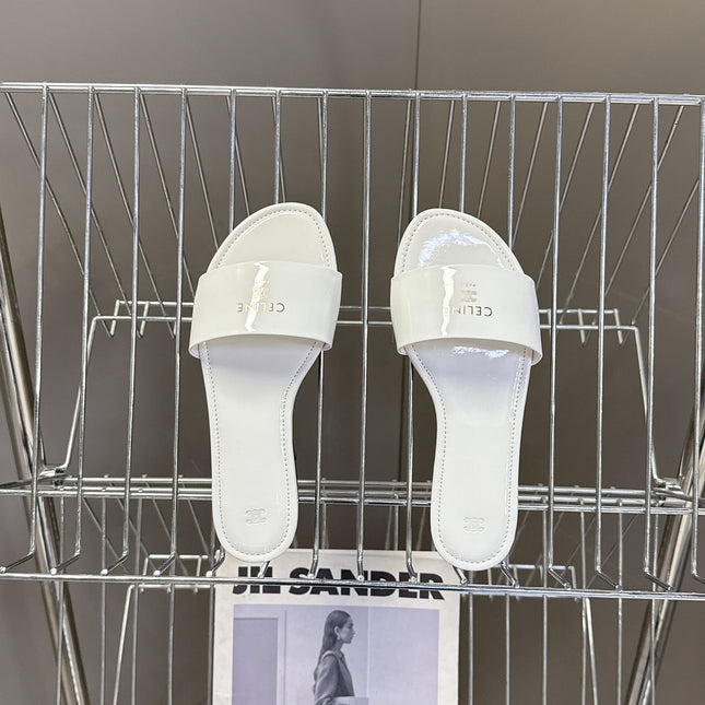 CELINE 26S FLAT SLIDES IN WHITE PATENT LAMBSKIN