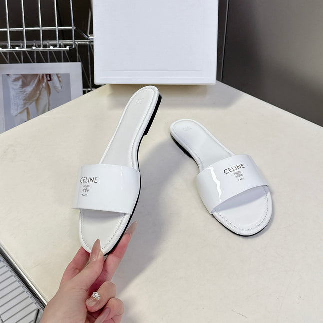 CELINE 26S FLAT SLIDES IN WHITE PATENT LAMBSKIN