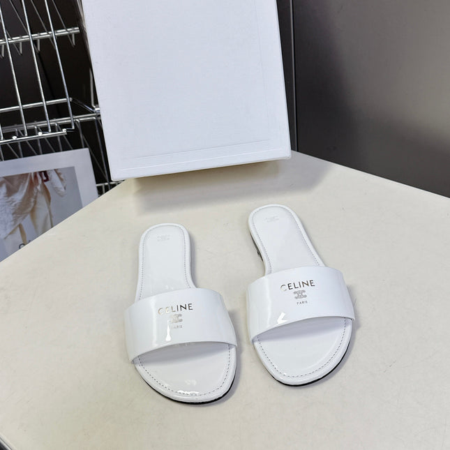 CELINE 26S FLAT SLIDES IN WHITE PATENT LAMBSKIN