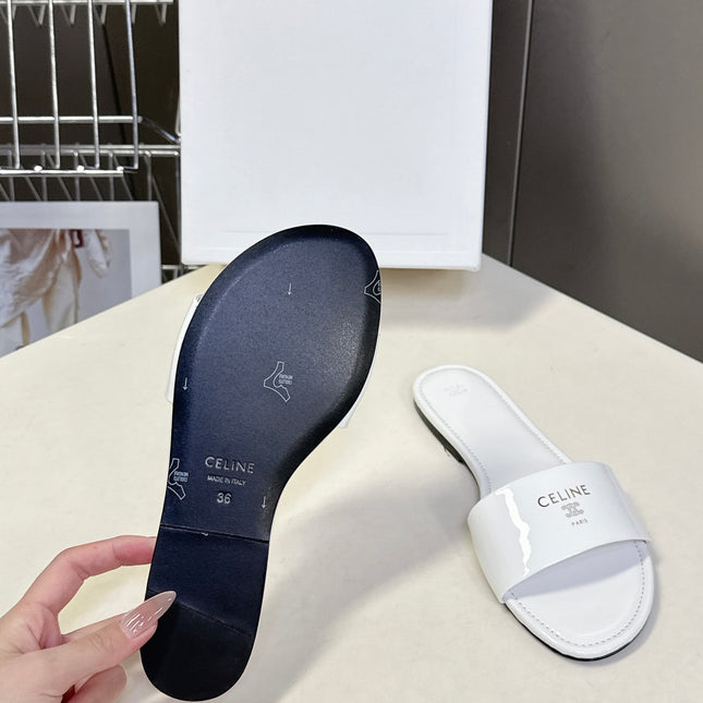CELINE 26S FLAT SLIDES IN WHITE PATENT LAMBSKIN