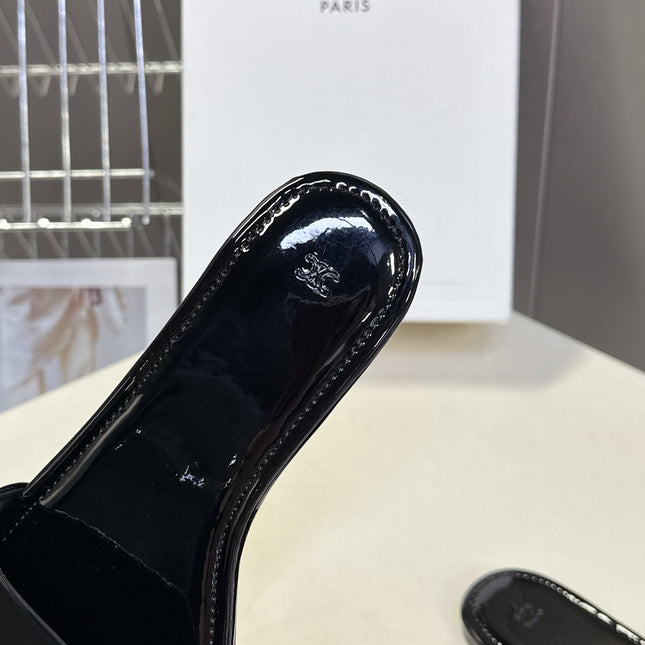 CELINE 26S FLAT SLIDES IN BLACK PATENT LAMBSKIN
