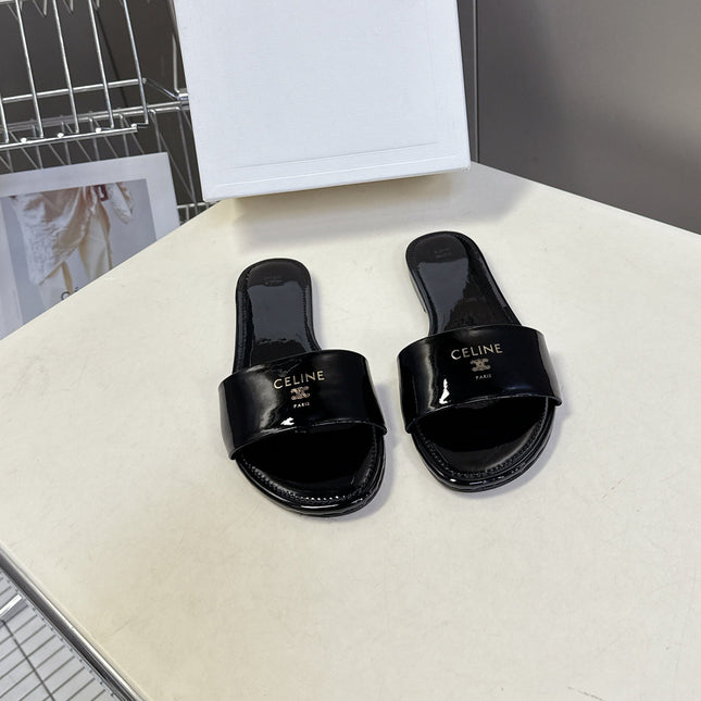 CELINE 26S FLAT SLIDES IN BLACK PATENT LAMBSKIN