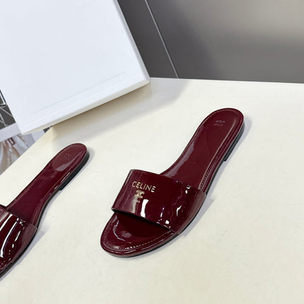CELINE 26S FLAT SLIDES IN BURGUNDY RED PATENT LAMBSKIN