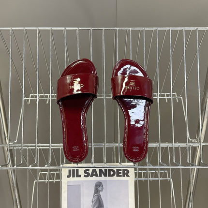 CELINE 26S FLAT SLIDES IN BURGUNDY RED PATENT LAMBSKIN