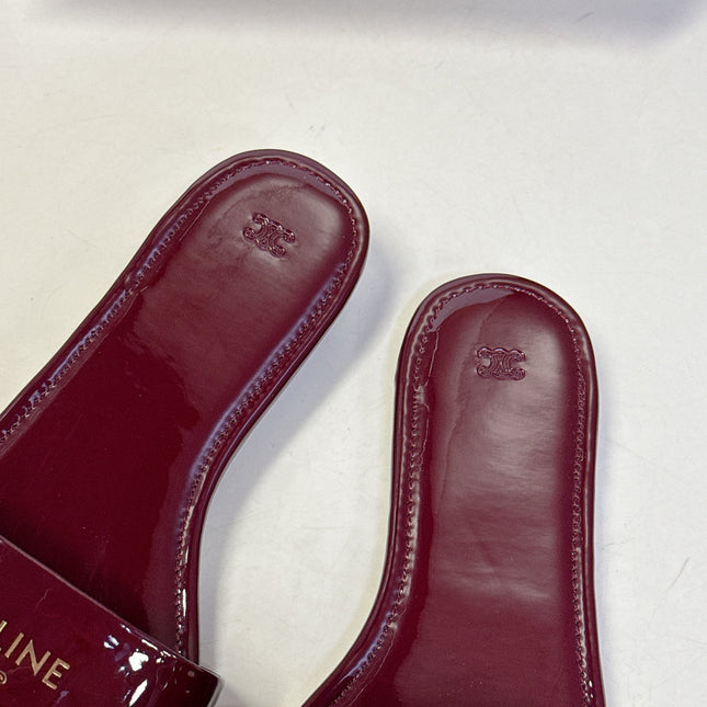 CELINE 26S FLAT SLIDES IN BURGUNDY RED PATENT LAMBSKIN