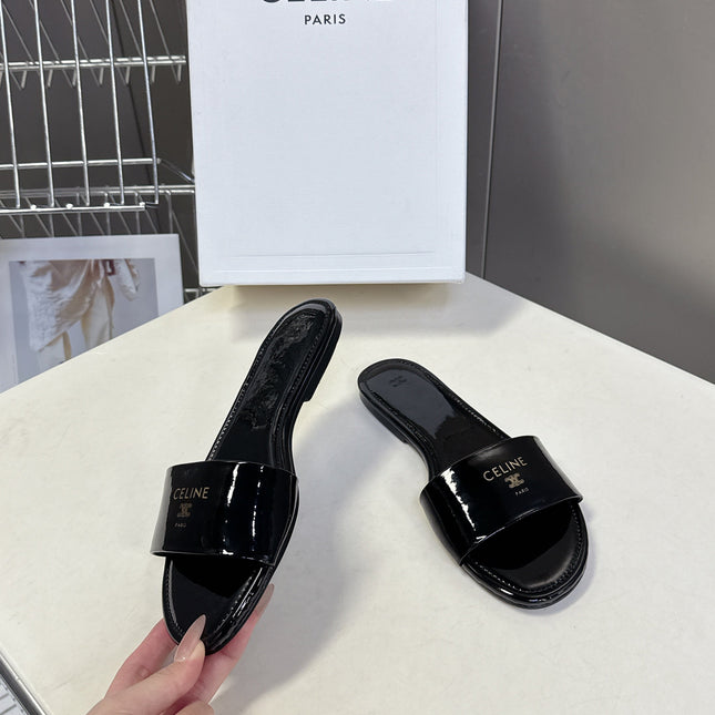CELINE 26S FLAT SLIDES IN BLACK PATENT LAMBSKIN