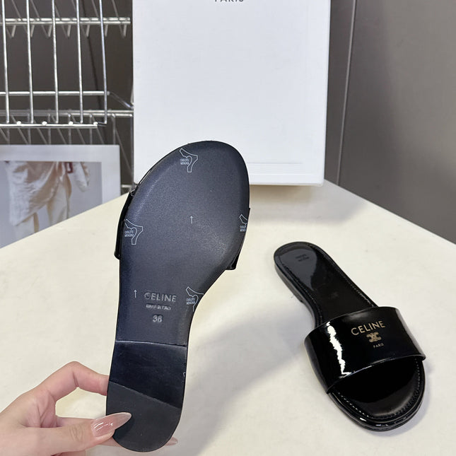 CELINE 26S FLAT SLIDES IN BLACK PATENT LAMBSKIN