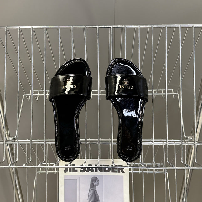 CELINE 26S FLAT SLIDES IN BLACK PATENT LAMBSKIN