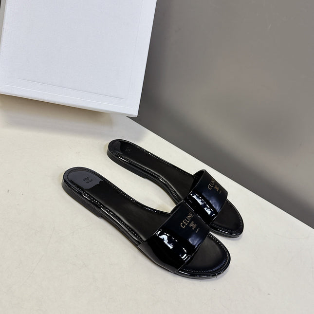 CELINE 26S FLAT SLIDES IN BLACK PATENT LAMBSKIN