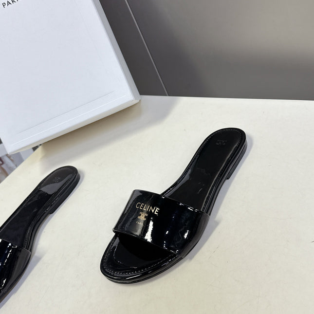 CELINE 26S FLAT SLIDES IN BLACK PATENT LAMBSKIN