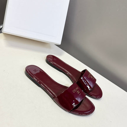 CELINE 26S FLAT SLIDES IN BURGUNDY RED PATENT LAMBSKIN