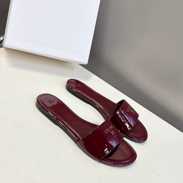 CELINE 26S FLAT SLIDES IN BURGUNDY RED PATENT LAMBSKIN