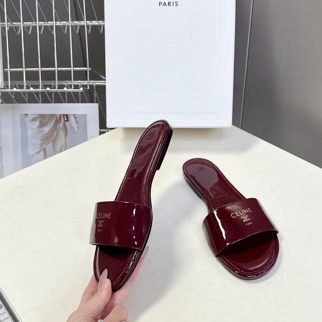 CELINE 26S FLAT SLIDES IN BURGUNDY RED PATENT LAMBSKIN