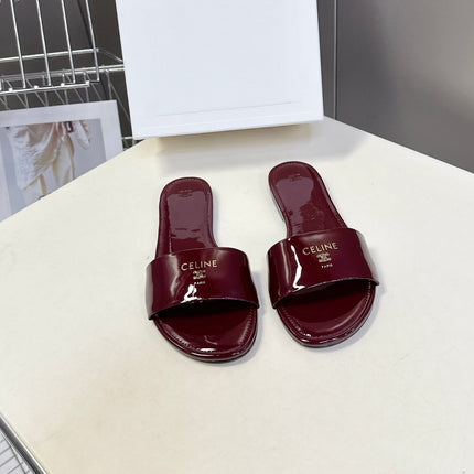 CELINE 26S FLAT SLIDES IN BURGUNDY RED PATENT LAMBSKIN