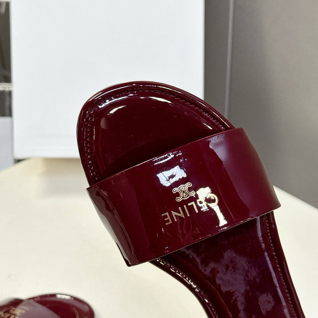 CELINE 26S FLAT SLIDES IN BURGUNDY RED PATENT LAMBSKIN