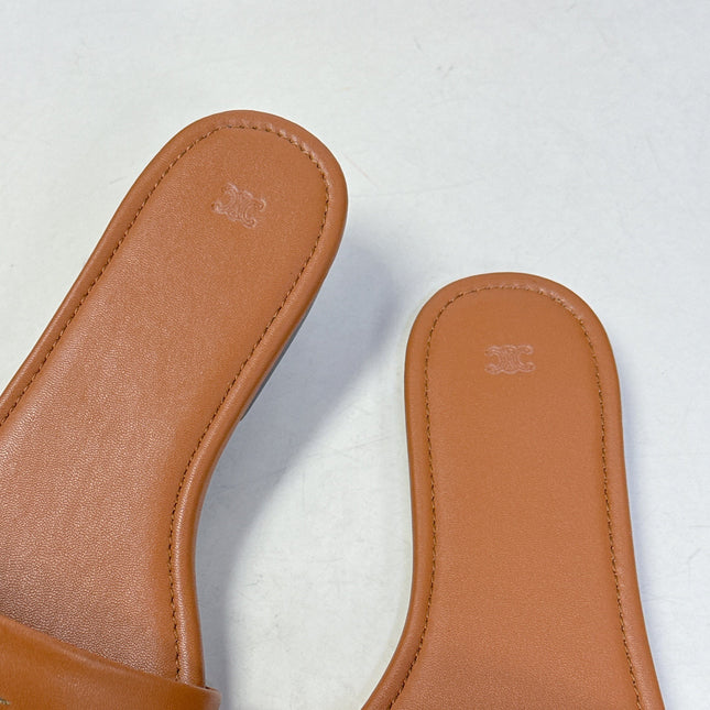 CELINE 26S FLAT SLIDES IN TAN BROWN LAMBSKIN