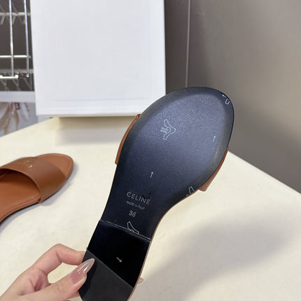 CELINE 26S FLAT SLIDES IN CARAMEL BROWN LAMBSKIN
