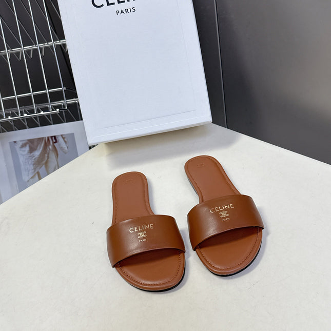 CELINE 26S FLAT SLIDES IN CARAMEL BROWN LAMBSKIN