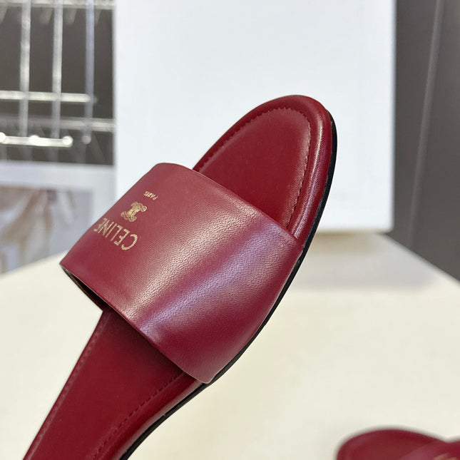 CELINE 26S FLAT SLIDES IN BURGUNDY RED LAMBSKIN