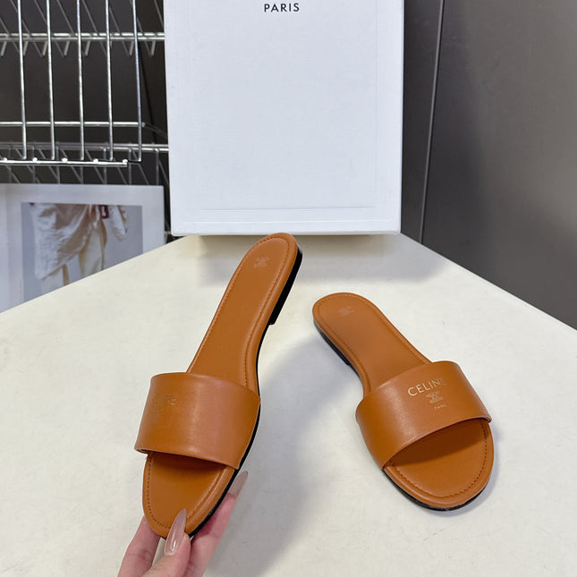 CELINE 26S FLAT SLIDES IN TAN BROWN LAMBSKIN