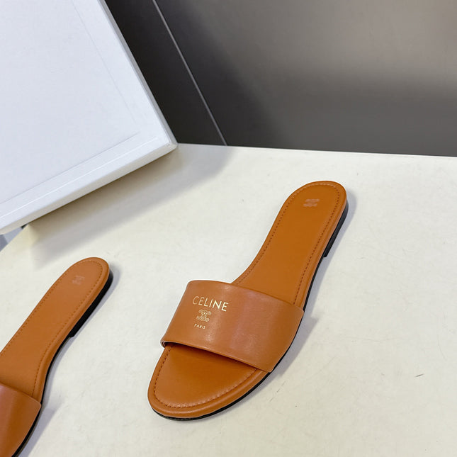 CELINE 26S FLAT SLIDES IN TAN BROWN LAMBSKIN