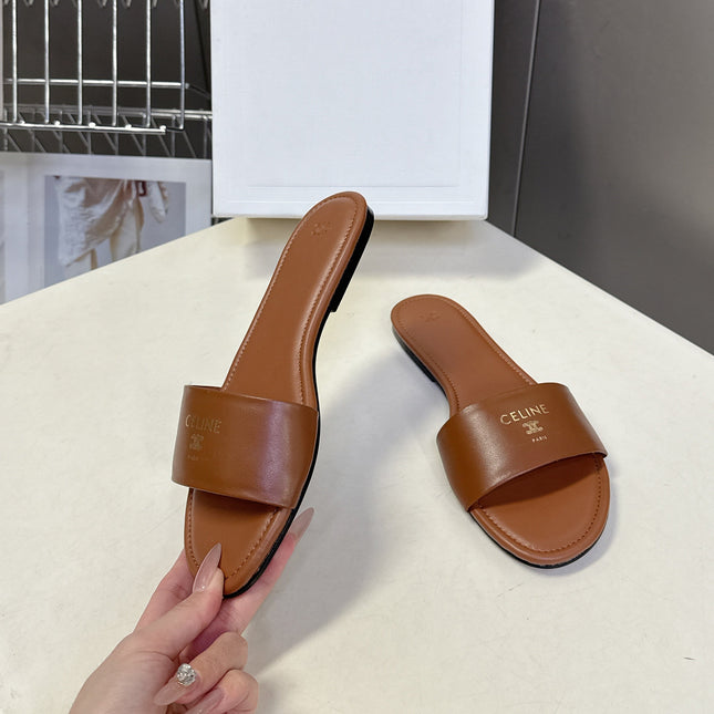 CELINE 26S FLAT SLIDES IN CARAMEL BROWN LAMBSKIN