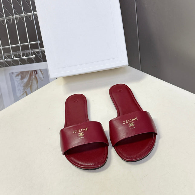 CELINE 26S FLAT SLIDES IN BURGUNDY RED LAMBSKIN