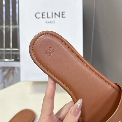 CELINE 26S FLAT SLIDES IN CARAMEL BROWN LAMBSKIN